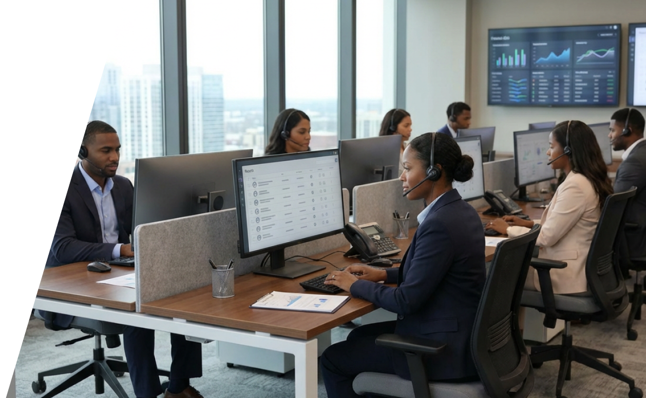 Recovery operations team in a modern call center with data dashboards