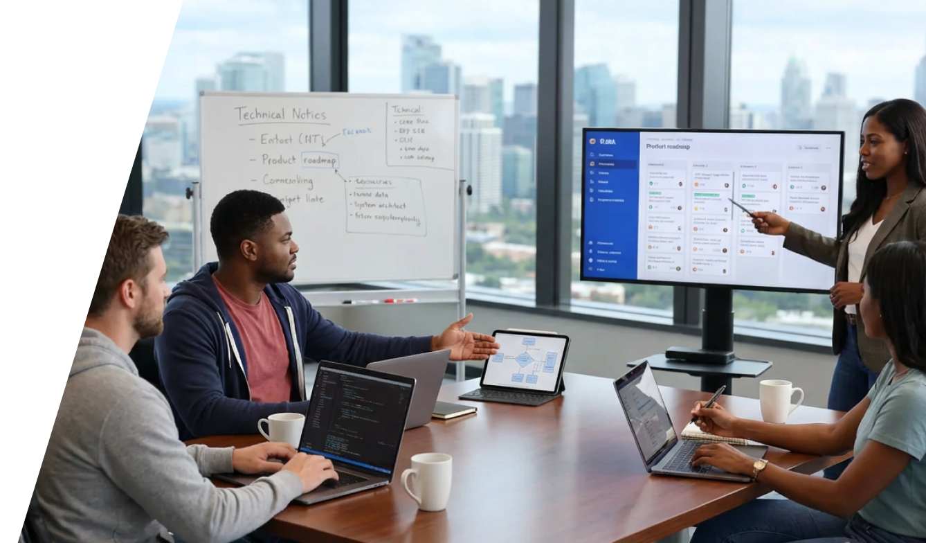Lending and product teams collaborating in a modern office with roadmap and dashboards