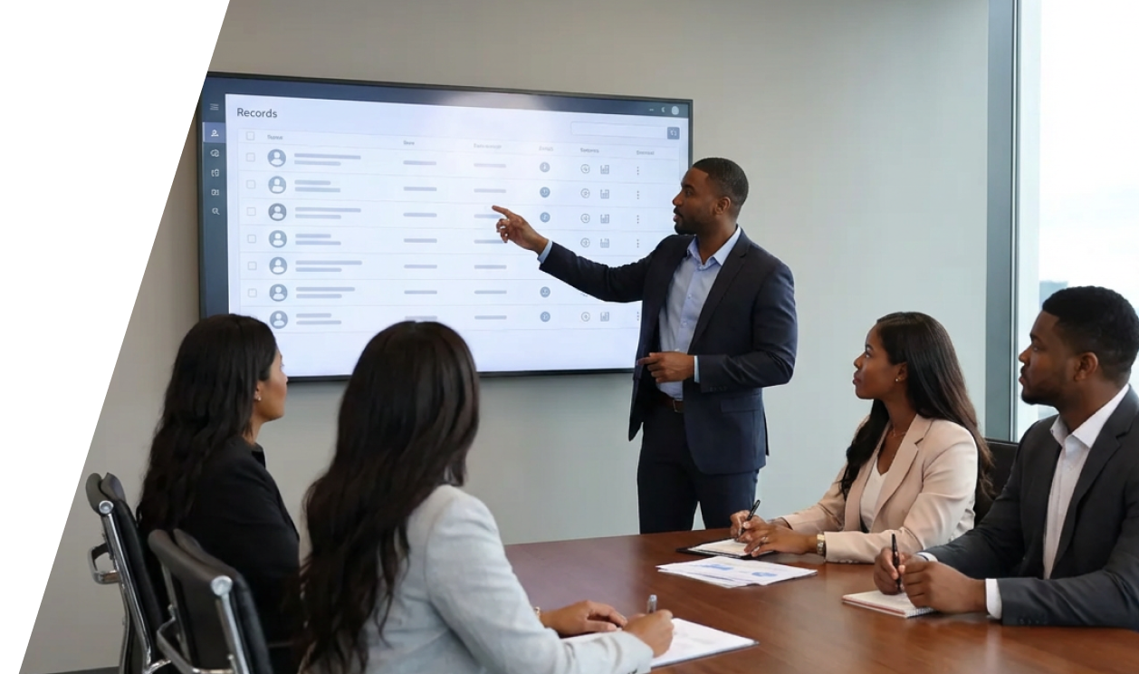 Recovery team reviewing portfolio data on a large screen in a meeting