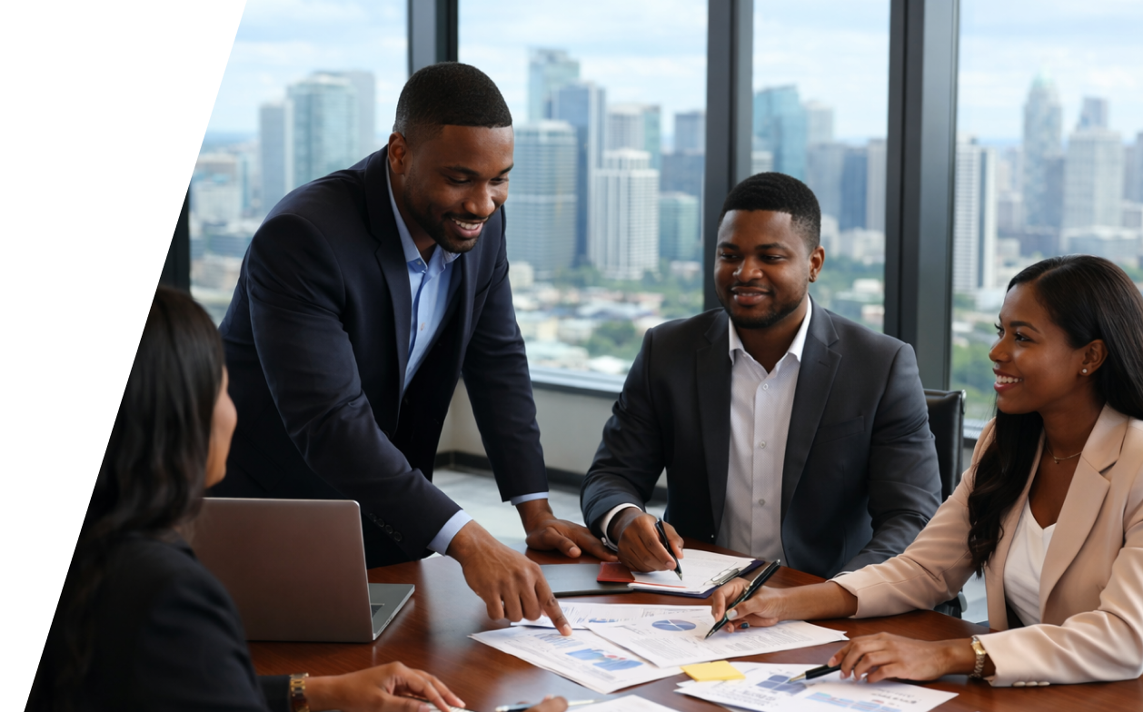 Operations and risk leaders reviewing portfolio data together in a modern office